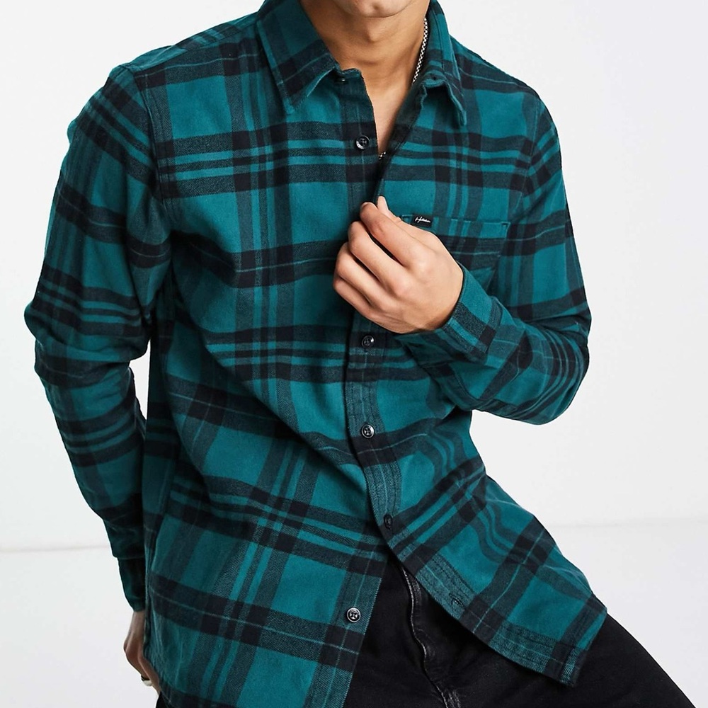 Hollister Teal and Black Plaid Men's Flannel Button Down Collared Shirt